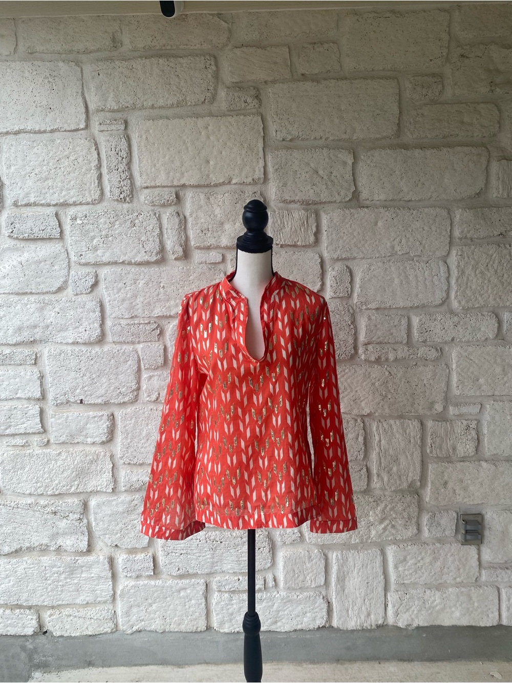 Tory Burch Cotton Tunic Top Sequin Embellishment Geometric Flare sleeve Sz 8